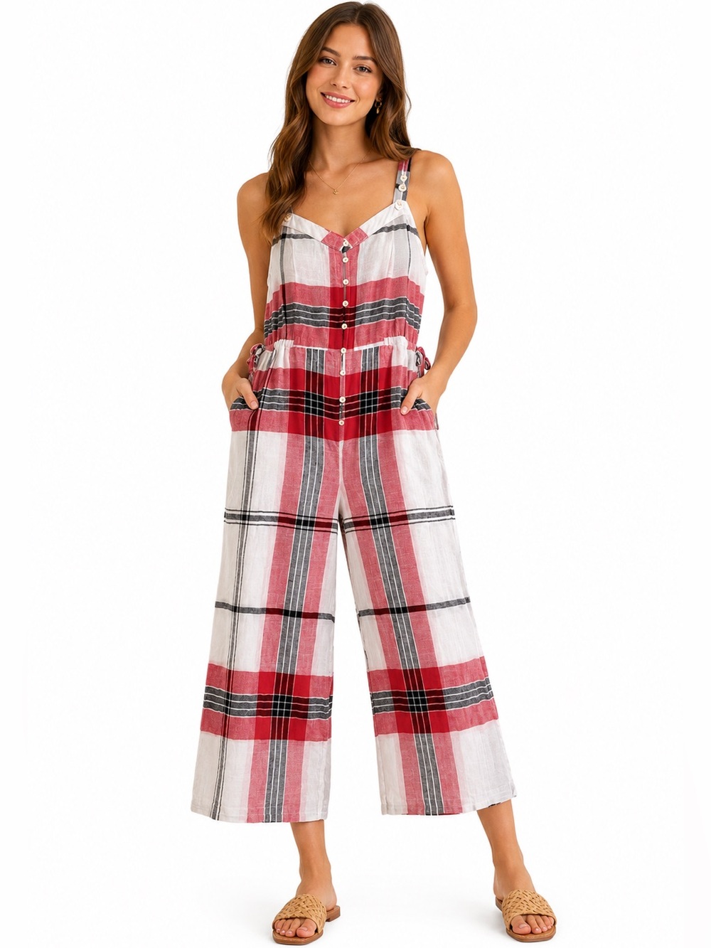 April Cornell Plaid Jumpsuit Wide Leg Smocked Cotton Overalls Cottage Casual M